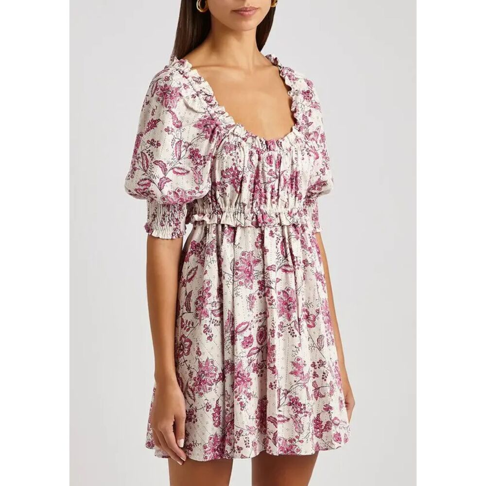 Misa Los Angeles Ara Floral Print Back Tie Ruffled Mini Dress Pink Large Flawed